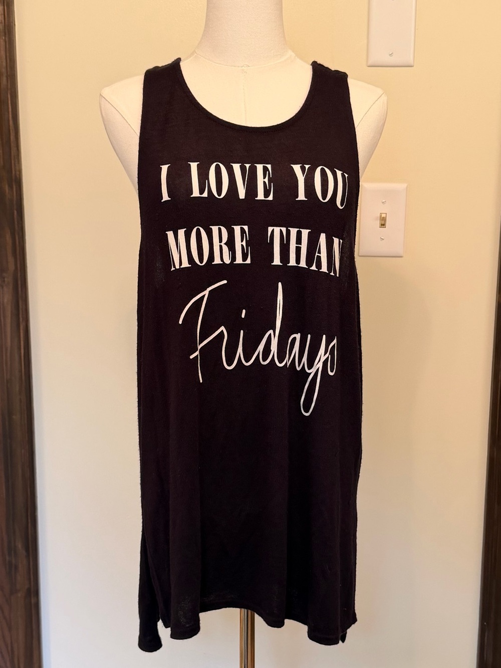 Decree Black Graphic Tank with White I Love You More Than Friday Print